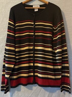 Alfred Dunner Vintage Cardigan Button Up Long Sleeve Black/Red/Gold Women’s Sz L